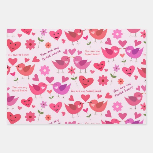 Valentine love birds pattern red and pink  wrapping paper sheets