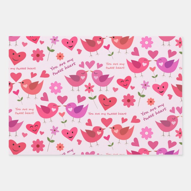 Valentine love birds pattern red and pink  wrapping paper sheets (Front)