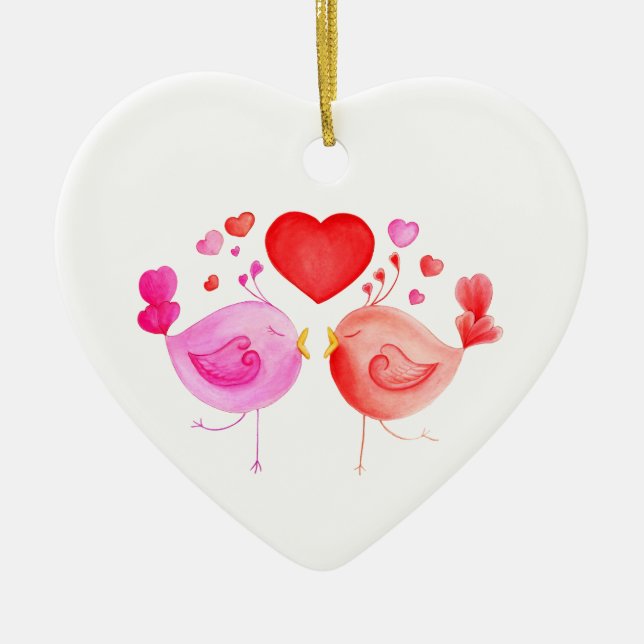 Valentine love birds red pink art ornament (Front)
