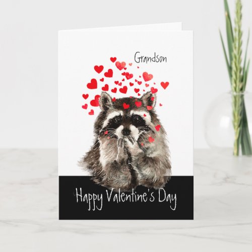 Valentine Love Fun Raccoon Blowing Kisses Grandson Holiday Card