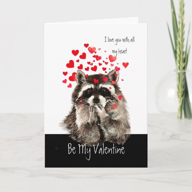 Valentine Love Fun Raccoon Blowing Kisses Holiday Card (Front)