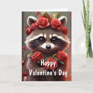 Valentine Love Fun Raccoon Kisses and roses Holiday Card