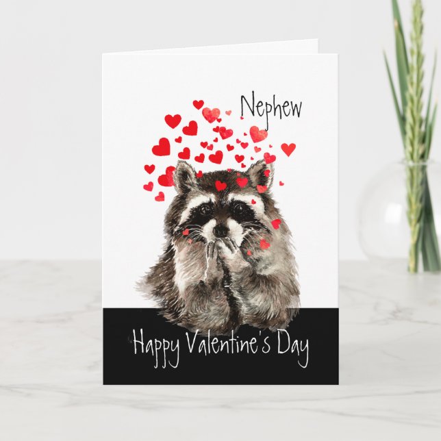 Valentine Love Fun Raccoon Kisses Nephew Holiday Card (Front)