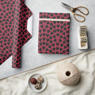 Valentine love heart scallop black on red pattern wrapping paper