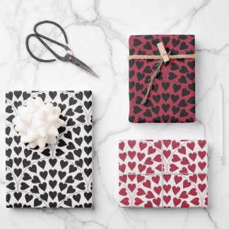 Valentine love heart scallop black red & white wrapping paper sheets