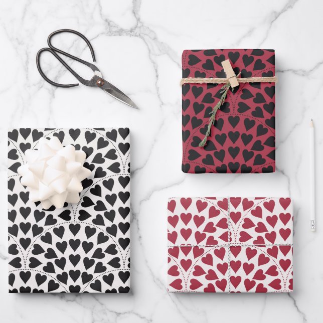Valentine love heart scallop black red & white  wrapping paper sheets (Front)
