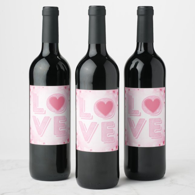 Valentine LOVE Letter, Pink Hearts Wine Label Set (Bottles)