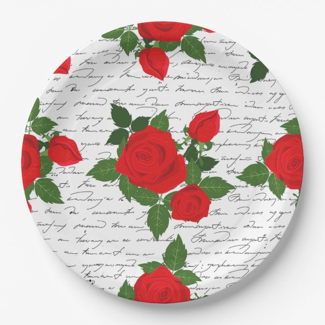 valentine love letter red roses romantic paper plates (Front)