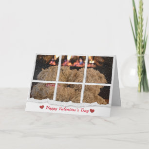 Valentine love teddy bears by fireplace card