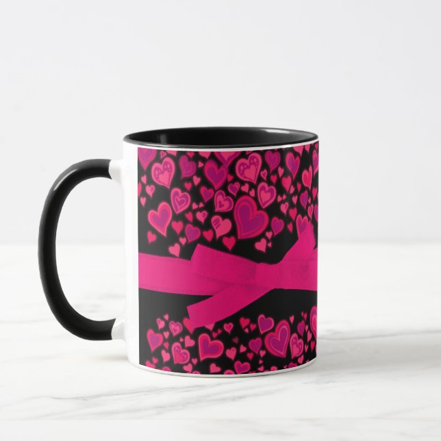 "Valentine love you" hearts red pink black mug (Left)