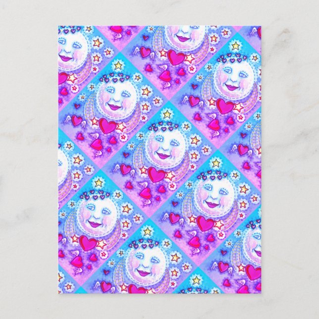 VALENTINE MAN IN THE MOON, HEAVENLY STARS & HEARTS HOLIDAY POSTCARD (Front)