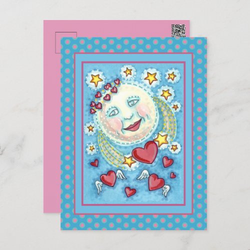 VALENTINE MAN IN THE MOON HEAVENLY STARS  HEARTS HOLIDAY POSTCARD