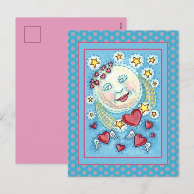 VALENTINE MAN IN THE MOON, HEAVENLY STARS & HEARTS HOLIDAY POSTCARD (Front/Back)