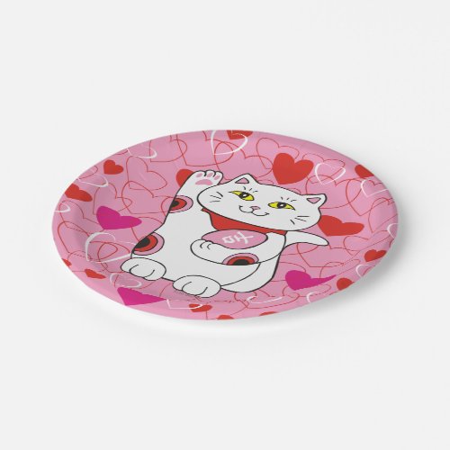 Valentine Maneki Neko Lucky Cat Paper Plates