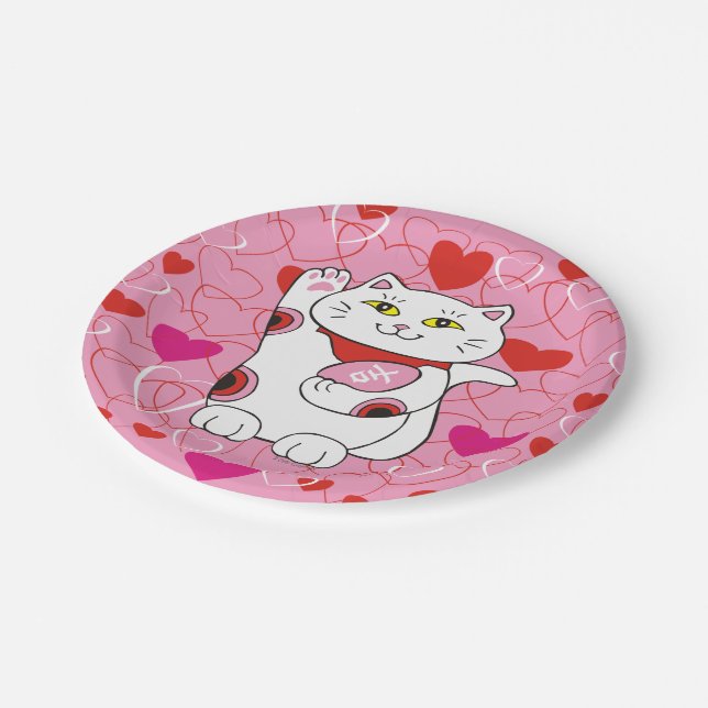 Valentine Maneki Neko Lucky Cat Paper Plates (Angled)