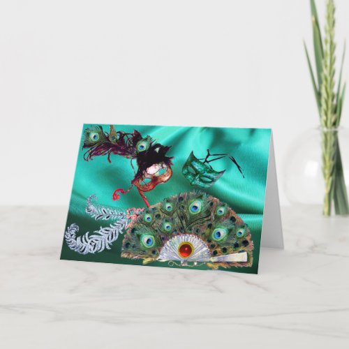 VALENTINE MASQUERADE MASKS AND PEACOCK FEATHER FAN HOLIDAY CARD