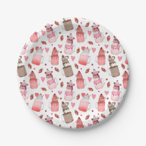 Valentine Milkshakes Candy Hearts Love Pattern Paper Plates