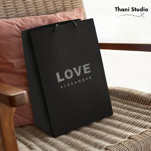 Valentine Modern Black Simple Elegant Typography Medium Gift Bag