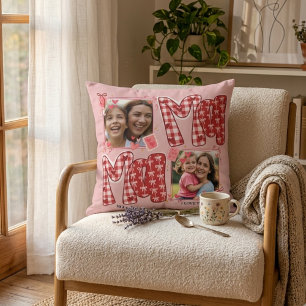 Valentine Mom and Child Pink Red Plaid Love Hearts Throw Pillow