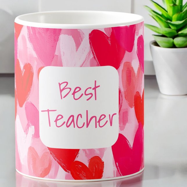 Valentine Multi Hearts Pattern Pink Best Teacher Coffee Mug (Creator Uploaded)