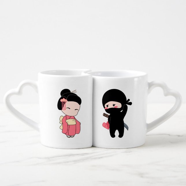 Valentine Ninja and Geisha Coffee Mug Set (Back Nesting)