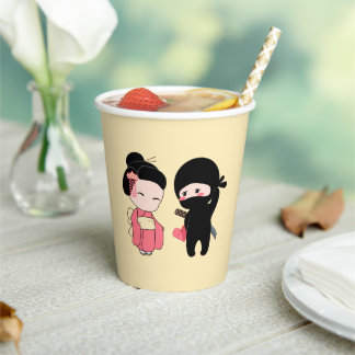 Valentine Ninja and Geisha on Yellow Paper Cups