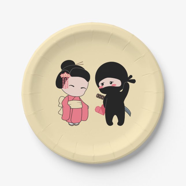 Valentine Ninja and Geisha on Yellow Paper Plates (Front)