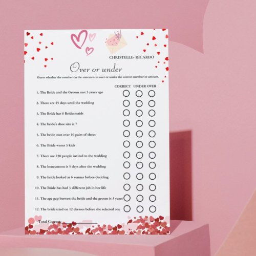 Valentine Over or under bridal shower game Card