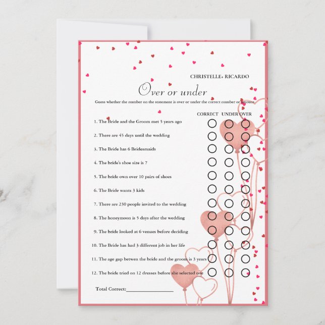 Valentine Over or under bridal shower game Card (Front)