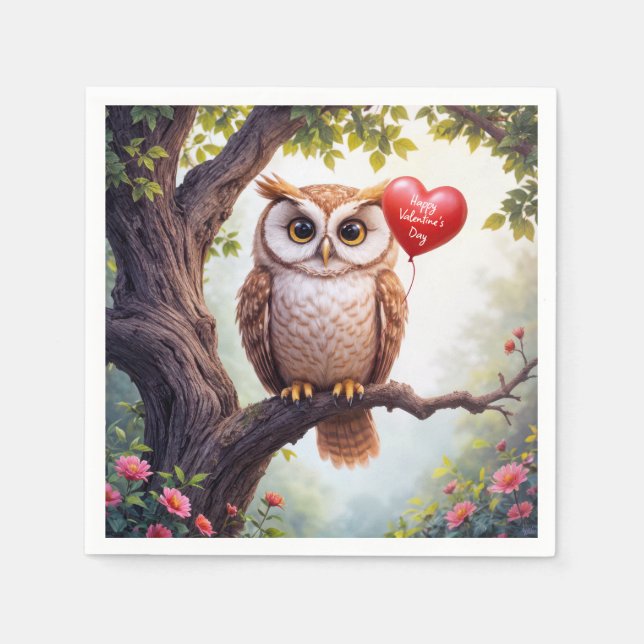 Valentine Owl With Red Heart Balloon Napkins (Front)