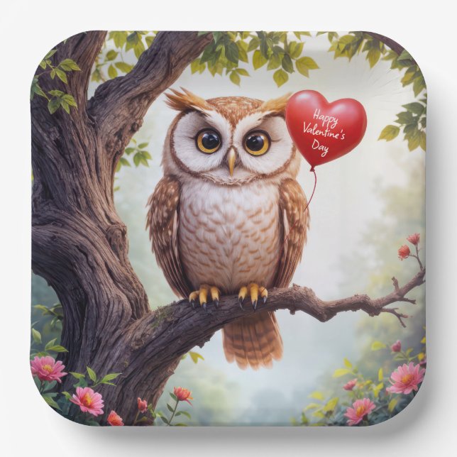 Valentine Owl With Red Heart Balloon Paper Plates (Front)