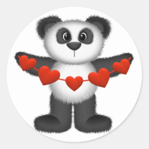 Valentine Panda Bear Holding String of Red Hearts Classic Round Sticker