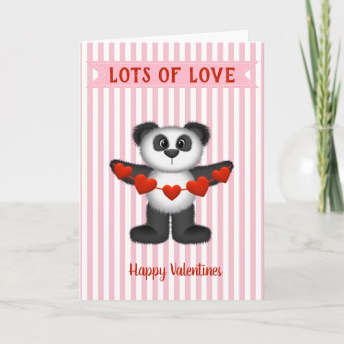 Valentine Panda Bear Holding String of Red Hearts Holiday Card