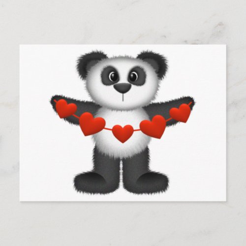Valentine Panda Bear Holding String of Red Hearts Holiday Postcard