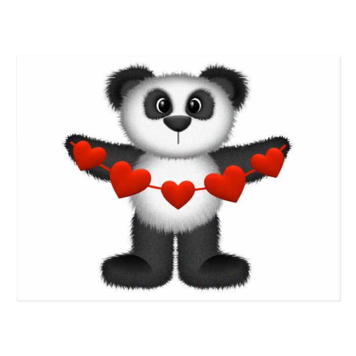Valentine Panda Bear Holding String of Red Hearts Post Cards