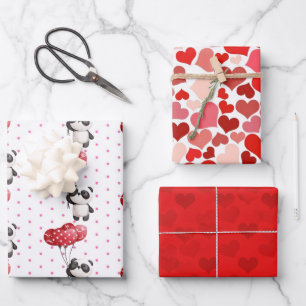 Valentine Panda Bears and Hearts 3 Design Set Wrapping Paper Sheets
