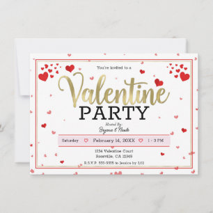 Valentine Party Valentine's Day Hearts Red Gold Invitation
