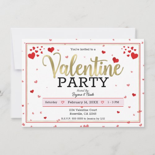 Valentine Party Valentines Day Hearts Red Gold Invitation
