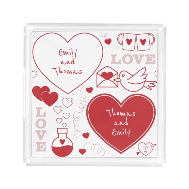 Valentine Pattern Acrylic Tray - Red on White |1| (Front)