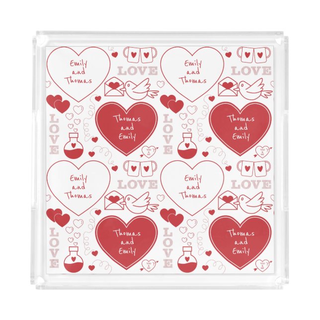 Valentine Pattern Acrylic Tray - Red on White |2| (Front)