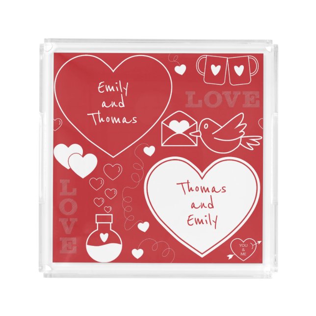 Valentine Pattern Acrylic Tray - White on Red |1| (Front)