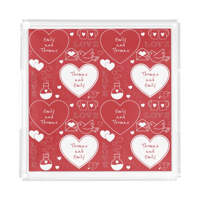 Valentine Pattern Acrylic Tray - White on Red |2| (Front)