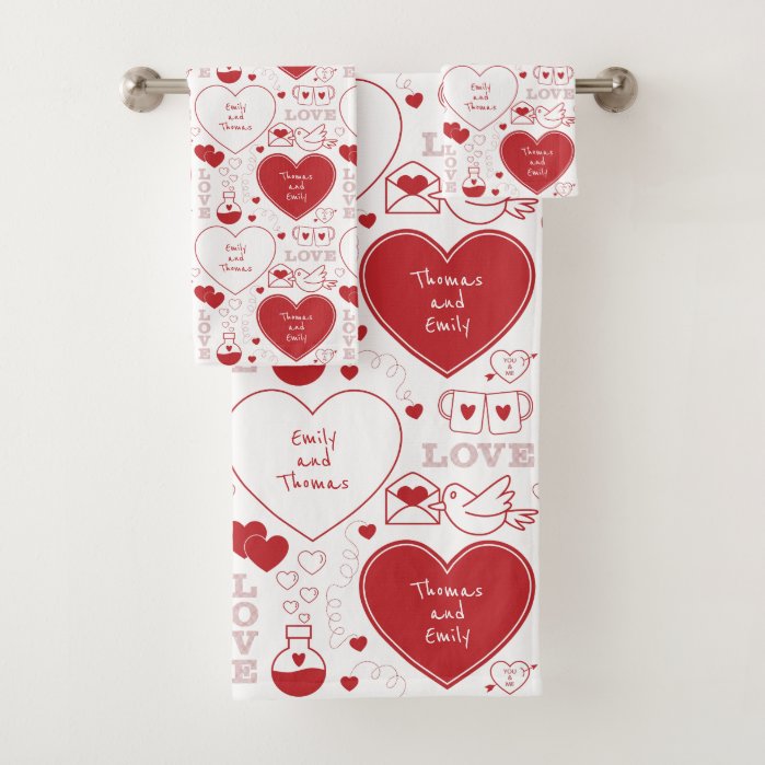 Valentine Pattern Bath Towel Set - Red on White