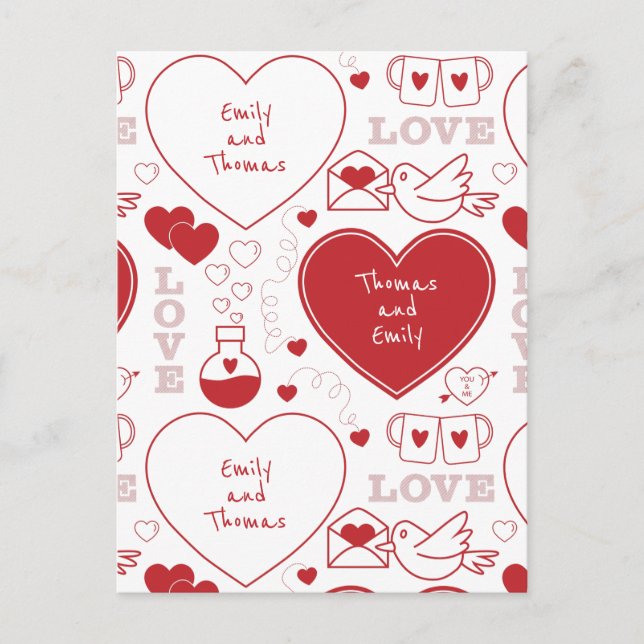 Valentine Pattern Postcard - Red on White (Front)