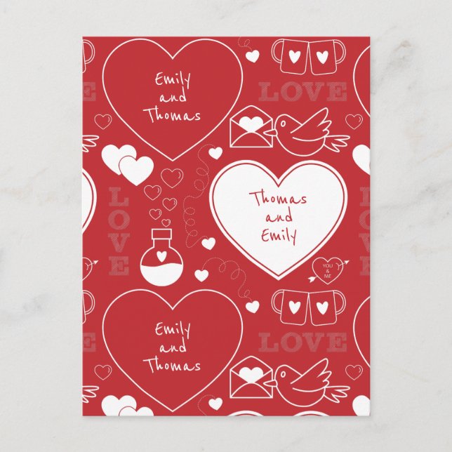 Valentine Pattern Postcard - White on Red (Front)