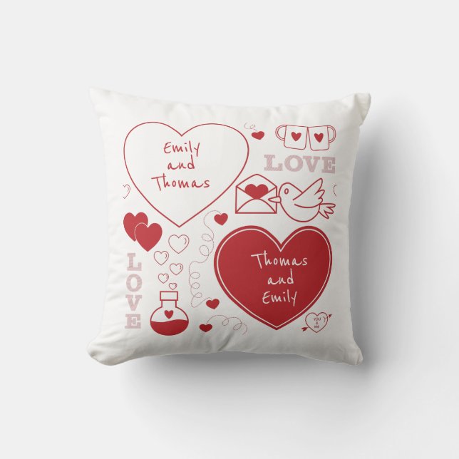 Valentine Pattern Throw Pillow - Red on White (Front)
