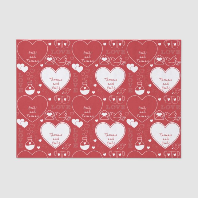 Valentine Pattern Tissue Paper - White on Red (Front)