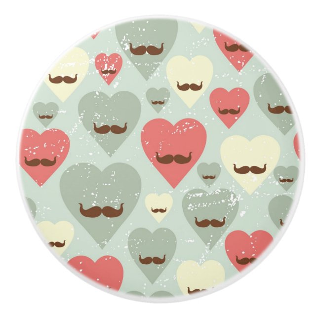Valentine pattern with heart and mustache ceramic knob (Front)
