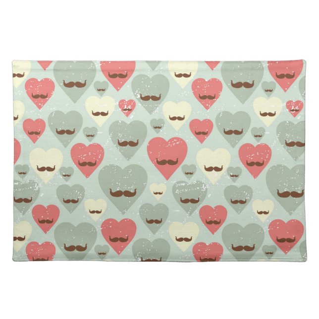 Valentine pattern with heart and mustache cloth placemat (Front)