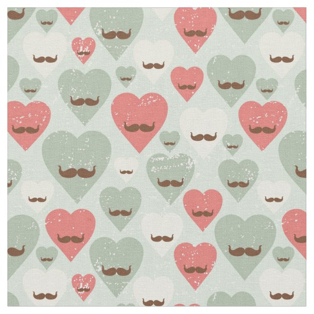 Valentine pattern with heart and mustache fabric (Close Up)